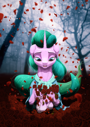 Size: 1650x2333 | Tagged: safe, artist:samum41, mistmane, pony, unicorn, g4, crying, female, flower, forest, mare, petals, rose, solo, tears of pain