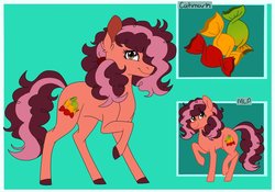 Size: 1024x715 | Tagged: safe, artist:colourstrike, oc, oc only, oc:strawberry swirl, earth pony, pony, female, green background, hair over one eye, mare, offspring, parent:cheese sandwich, parent:pinkie pie, parents:cheesepie, raised hoof, reference sheet, simple background, solo