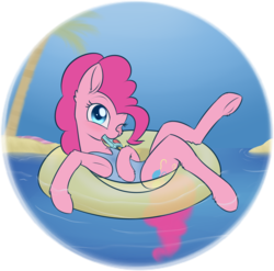 Size: 1881x1859 | Tagged: safe, artist:dusthiel, pinkie pie, earth pony, pony, g4, armpits, atg 2018, clothes, female, inflatable, inner tube, mare, newbie artist training grounds, one eye closed, simple background, solo, swimsuit, transparent background