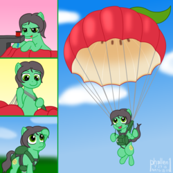 Size: 1000x1000 | Tagged: safe, alternate version, artist:phallen1, oc, oc only, oc:sadie michaels, earth pony, pony, apple, buy some apples, comic, food, harness, parachute, ponified, ponified oc, sequential art, sewing, sewing machine, sky, skydiving