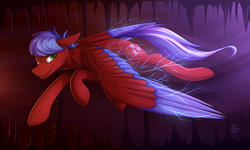 Size: 1024x614 | Tagged: safe, artist:klarapl, oc, oc only, oc:solar flare, pegasus, pony, cavern, colored wings, commission, flying, light, looking back, male, multicolored wings, solo, stalactite, stalagmite