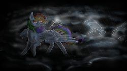 Size: 1920x1080 | Tagged: safe, artist:breadpande, rainbow dash, pegasus, pony, g4, female, rain, signature, solo, spread wings, thunderstorm, wet, wings