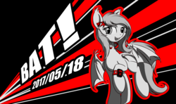 Size: 3840x2277 | Tagged: safe, artist:konyjay, artist:krash42, oc, oc only, bat pony, pony, earbuds, female, high res, looking at you, mare, mp3 player, open mouth, persona, persona 5, smiling, solo