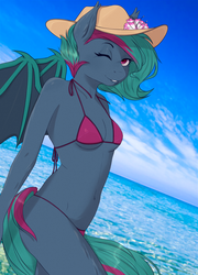Size: 1436x2000 | Tagged: safe, artist:lencelly, oc, oc only, oc:sour note, bat pony, anthro, bikini, clothes, female, hat, solo, swimsuit