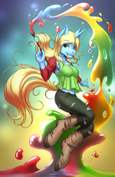 Size: 2520x3870 | Tagged: safe, artist:mykegreywolf, oc, oc only, oc:art's desire, unicorn, anthro, unguligrade anthro, abstract background, arm warmers, belly button, boots, clothes, commission, detached sleeves, digital art, eyebrows, eyebrows visible through hair, female, gradient background, grin, high res, jumping, lidded eyes, looking at you, mare, midriff, paint, paintbrush, pants, shoes, smiling, smirk, solo, torn clothes