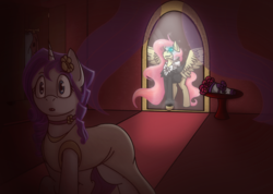 Size: 1514x1080 | Tagged: safe, artist:stuflox, fluttershy, rarity, pegasus, pony, unicorn, g4, alternate hairstyle, clothes, crossover, dress, female, lesbian, mask, musical, open mouth, phantom of the opera, ship:flarity, shipping, smiling