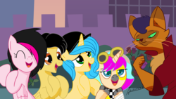 Size: 1920x1080 | Tagged: safe, artist:archooves, capper dapperpaws, oc, oc:blot sparkle, oc:dany melody, oc:luna lava, oc:zoe star pink, abyssinian, cat, pegasus, pony, unicorn, g4, my little pony: the movie, base used, black hair, black mane, chest fluff, cute, female, ocbetes, pink coat, pink fur, two toned mane, yay