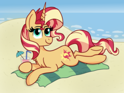 Size: 1000x750 | Tagged: safe, artist:pink-pone, sunset shimmer, pony, unicorn, g4, beach, beach towel, chest fluff, cocktail umbrella, cute, drink, female, holding, looking at you, mare, ocean, shimmerbetes, smiling, solo, straw