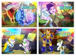 Size: 1100x809 | Tagged: safe, artist:pixelkitties, mistmane, silver shill, starlight glimmer, surprise (g4), sweetie belle, trixie, dinosaur, pegasus, pony, robot, tyrannosaurus rex, unicorn, galacon, galacon 2018, equestria girls, g4, 2018, beast machines, beast wars, cheetor, claire corlett, clothes, cup, elley-ray hennessey, floppy ears, hooves, horn, ian james corlett, indiana jones, indiana jones and the temple of doom, jurassic world, jurassic world: fallen kingdom, kelly sheridan, open mouth, pixelkitties' brilliant autograph media artwork, show accurate, spread wings, sweetie bot, teacup, teeth, text, transformers, uniform, voice actor joke, wings, wonderbolts, wonderbolts uniform