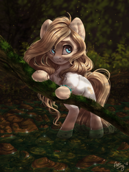 Size: 3039x4052 | Tagged: safe, artist:amishy, oc, oc only, earth pony, pony, bipedal, bipedal leaning, bracelet, commission, digital art, female, forest, high res, jewelry, leaning, mare, scenery, signature, smiling, solo, standing in water, tree branch, water, ych result