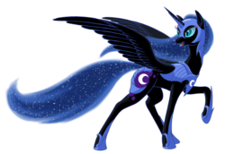 Size: 1920x1323 | Tagged: safe, artist:nebulastar985, nightmare moon, alicorn, pony, g4, armor, cutie mark, ethereal mane, fangs, female, helmet, hoof shoes, horn, looking back, mare, moon, open mouth, peytral, raised hoof, simple background, solo, starry mane, transparent background, wings