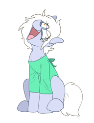 Size: 517x673 | Tagged: safe, artist:redxbacon, oc, oc only, oc:white pills, pony, clothes, female, heterochromia, hospital gown, insanity, shirt, simple background, solo, white background