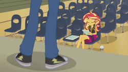 Size: 1280x720 | Tagged: safe, screencap, flash sentry, sunset shimmer, equestria girls, g4, my little pony equestria girls: better together, rarity investigates: the case of the bedazzled boot, clothes, coffee, converse, crossed legs, eyes closed, female, geode of empathy, jacket, male, pants, shoes, skirt, smiling, sneakers