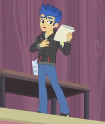 Size: 388x458 | Tagged: safe, screencap, flash sentry, equestria girls, equestria girls series, g4, rarity investigates: the case of the bedazzled boot, bedazzled boot, clothes, cropped, cutie mark on clothes, jacket, male, pants, reading, script