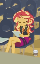 Size: 720x1165 | Tagged: safe, screencap, sunset shimmer, equestria girls, equestria girls series, g4, rarity investigates: the case of the bedazzled boot, clothes, coffee, coffee cup, cropped, crossed legs, cup, eyes closed, female, geode of empathy, jacket, sitting, skirt, smiling, solo, upskirt