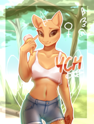 Size: 757x1000 | Tagged: safe, artist:rrusha, oc, oc only, earth pony, anthro, advertisement, anthro oc, bra, clothes, commission, digital art, female, food, ice cream, mare, pants, solo, underwear, ych example, your character here