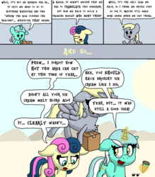 Size: 1050x1200 | Tagged: safe, artist:bjdazzle, bon bon, derpy hooves, lyra heartstrings, sweetie drops, earth pony, pegasus, pony, unicorn, comic:accidental transit guardians, g4, atg 2018, box, chibi, comic, confusion, delivery, desert, disgruntled, female, flying, food, hand, hot, ice cream, ice cream cone, magic, magic hands, mare, newbie artist training grounds, package, riddle, shrug, southern equestria, summer, sun, sweat, that pony sure does love hands