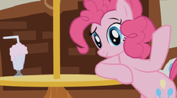 Size: 487x269 | Tagged: safe, screencap, pinkie pie, earth pony, pony, g4, griffon the brush off, season 1, female, food, looking at you, mare, milkshake, solo, table