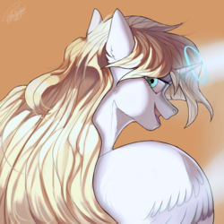 Size: 3508x3508 | Tagged: safe, artist:orfartina, oc, oc only, alicorn, pony, alicorn oc, digital art, female, glowing horn, high res, horn, looking back, mare, open mouth, smiling, solo