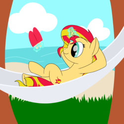 Size: 3000x3000 | Tagged: safe, artist:silver dash, sunset shimmer, pony, unicorn, g4, arm behind head, atg 2018, beach, cloud, female, food, glowing horn, grass, hammock, high res, horn, ice cream, magic, mare, newbie artist training grounds, popsicle, smiling, summer, telekinesis