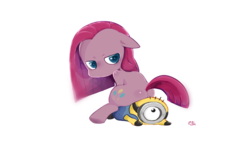 Size: 1280x720 | Tagged: safe, artist:potetecyu_to, pinkie pie, earth pony, pony, g4, butt, female, mare, minions, pinkamena diane pie, plot, simple background, sitting on person, white background