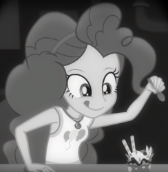 Size: 655x670 | Tagged: safe, screencap, pinkie pie, equestria girls, equestria girls series, g4, rarity investigates: the case of the bedazzled boot, cropped, cute, diapinkes, female, froyo, frozen yogurt, geode of sugar bombs, grayscale, monochrome, noir, rarity investigates (eqg): pinkie pie, solo, spoon, tongue out