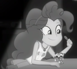 Size: 484x430 | Tagged: safe, screencap, pinkie pie, equestria girls, equestria girls series, g4, rarity investigates: the case of the bedazzled boot, cropped, cute, diapinkes, female, froyo, frozen yogurt, geode of sugar bombs, grayscale, monochrome, noir, rarity investigates (eqg): pinkie pie, solo, spoon