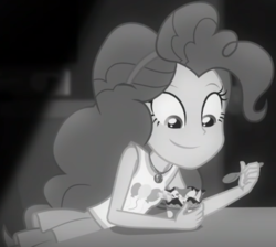 Size: 465x416 | Tagged: safe, screencap, pinkie pie, equestria girls, equestria girls series, g4, rarity investigates: the case of the bedazzled boot, cropped, cute, diapinkes, female, froyo, frozen yogurt, geode of sugar bombs, grayscale, looking down, monochrome, noir, rarity investigates (eqg): pinkie pie, solo, spoon
