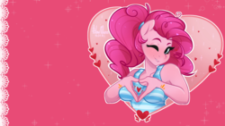 Size: 1920x1080 | Tagged: safe, artist:hiloumuns, edit, pinkie pie, earth pony, anthro, g4, clothes, female, heart, heart hands, lip bite, one eye closed, solo, tank top, wallpaper, wallpaper edit, wink