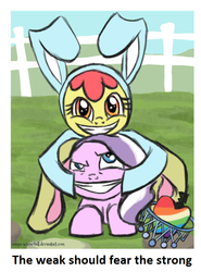 Size: 589x794 | Tagged: safe, edit, apple bloom, diamond tiara, earth pony, pony, g4, animal costume, apple, bunny costume, clothes, context is for the weak, costume, food, forced smile, jewelry, smiling, the weak should fear the strong, tiara, zap apple