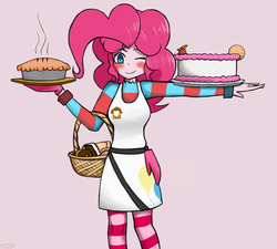 Size: 1200x1078 | Tagged: safe, artist:genericmlp, pinkie pie, equestria girls, g4, basket, blushing, cake, clothes, female, food, one eye closed, pie, solo, wink