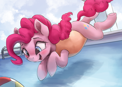 Size: 3600x2550 | Tagged: safe, artist:vanillaghosties, pinkie pie, earth pony, pony, g4, atg 2018, beach ball, blushing, clothes, cute, diapinkes, female, high res, looking down, mare, newbie artist training grounds, one-piece swimsuit, smiling, swimming pool, swimsuit, underhoof