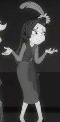 Size: 304x612 | Tagged: safe, screencap, rarity, equestria girls, equestria girls series, g4, rarity investigates: the case of the bedazzled boot, cropped, detective rarity, female, grayscale, monochrome, noir, offscreen character, rarity investigates (eqg): applejack, shrug, solo