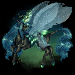 Size: 2449x2449 | Tagged: safe, artist:witch house, queen chrysalis, changeling, changeling queen, g4, alternate design, digital art, female, glowing horn, high res, horn, signature, solo