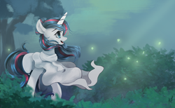 Size: 1024x629 | Tagged: safe, artist:fluttersheeeee, oc, oc only, pony, unicorn, female, forest, mare, open mouth, smiling, solo, tree