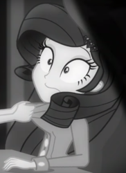 Size: 437x601 | Tagged: safe, screencap, rarity, equestria girls, equestria girls series, g4, rarity investigates: the case of the bedazzled boot, cropped, detective rarity, discombobulated, grayscale, monochrome, noir, offscreen character, rarity investigates (eqg): pinkie pie, solo focus