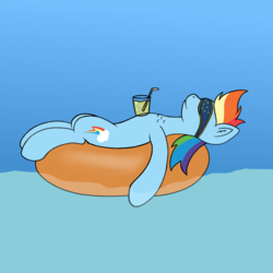Size: 1000x1000 | Tagged: safe, artist:redquoz, rainbow dash, pony, g4, atg 2018, drink, female, floating, inflatable, inner tube, mare, newbie artist training grounds, pool toy, smiling, solo, water