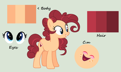 Size: 1600x958 | Tagged: safe, artist:rose-moonlightowo, oc, oc only, oc:tickle pie, earth pony, pony, female, mare, offspring, parent:cheese sandwich, parent:pinkie pie, parents:cheesepie, reference sheet, simple background, solo