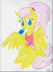 Size: 2550x3499 | Tagged: safe, artist:taurson, fluttershy, pegasus, pony, g4, alternate hairstyle, atg 2018, clothes, female, food, high res, holding, ice cream, looking at you, mare, markers, newbie artist training grounds, one-piece swimsuit, simple background, sitting, solo, swimsuit, traditional art, white background, wing hands, wings