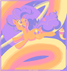 Size: 520x549 | Tagged: safe, artist:patsuko, pinkie pie, earth pony, pony, g4, blushing, cupcake, cutie mark, female, food, happy, limited palette, mare, open mouth, solo, space