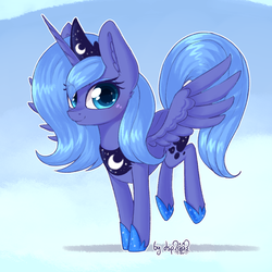 Size: 1920x1920 | Tagged: safe, artist:dsp2003, princess luna, alicorn, pony, g4, 30 minute art challenge, blushing, cloud, cute, female, filly, hoof shoes, looking at you, lunabetes, s1 luna, signature, smiling, solo, woona, young, younger