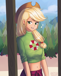 Size: 1300x1600 | Tagged: safe, artist:tcn1205, applejack, human, equestria girls, g4, my little pony equestria girls: better together, turf war, beach, belly button, clothes, cowboy hat, female, hat, humanized, lifeguard applejack, looking at you, midriff, pony coloring, sand, short shirt, smiling, solo, stetson