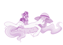 Size: 1200x846 | Tagged: safe, artist:dstears, princess celestia, twilight sparkle, alicorn, pony, unicorn, g4, atg 2018, clothes, cute, female, filly, filly twilight sparkle, hat, inflatable, majestic as fuck, missing accessory, monochrome, newbie artist training grounds, on back, one-piece swimsuit, simple background, swimsuit, twiabetes, unicorn twilight, white background, wingless, younger