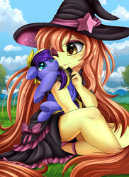 Size: 2550x3509 | Tagged: safe, artist:pridark, oc, oc only, human, brushing mane, clothes, cloud, comb, commission, duo, female, heart eyes, high res, humanized, humanized oc, plushie, sky, smiling, tree, wingding eyes