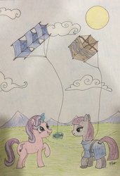Size: 1024x1496 | Tagged: safe, artist:iistarshineii, maud pie, starlight glimmer, earth pony, pony, unicorn, g4, glowing horn, horn, kite, kite flying, smiling, traditional art
