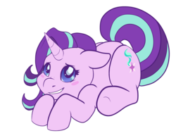 Size: 3672x2873 | Tagged: safe, artist:merry-carousel, starlight glimmer, pony, unicorn, g4, blushing, cute, female, floppy ears, glimmerbetes, high res, lying down, mare, simple background, smiling, solo, transparent background