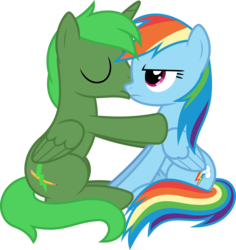 Size: 6400x6786 | Tagged: safe, artist:parclytaxel, rainbow dash, oc, oc:green thunder, alicorn, pegasus, pony, g4, .svg available, absurd resolution, alicorn oc, canon x oc, commission, denied, female, greendash, kissing, male, mare, never doubt blaa6 involvement, rainbow dash is not amused, shipping, simple background, sitting, stallion, straight, transparent background, unamused, vector