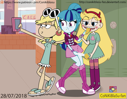 Size: 3687x2879 | Tagged: safe, artist:conikiblasu-fan, sonata dusk, equestria girls, g4, my little pony equestria girls: rainbow rocks, clothes, crossover, eating, female, food, high res, leni loud, lockers, selfie, sonataco, star butterfly, star vs the forces of evil, taco, the loud house