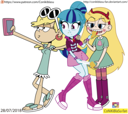 Size: 2943x2630 | Tagged: safe, artist:conikiblasu-fan, sonata dusk, equestria girls, g4, my little pony equestria girls: rainbow rocks, clothes, crossover, eating, female, food, high res, leni loud, phone, selfie, simple background, sonataco, star butterfly, star vs the forces of evil, taco, the loud house, transparent background