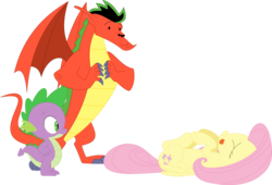 Size: 3588x2438 | Tagged: safe, artist:porygon2z, fluttershy, spike, dragon, pegasus, pony, g4, :p, american dragon jake long, crossover, eyes closed, faint, female, high res, jake long, male, simple background, tongue out, transparent background, trio, vector